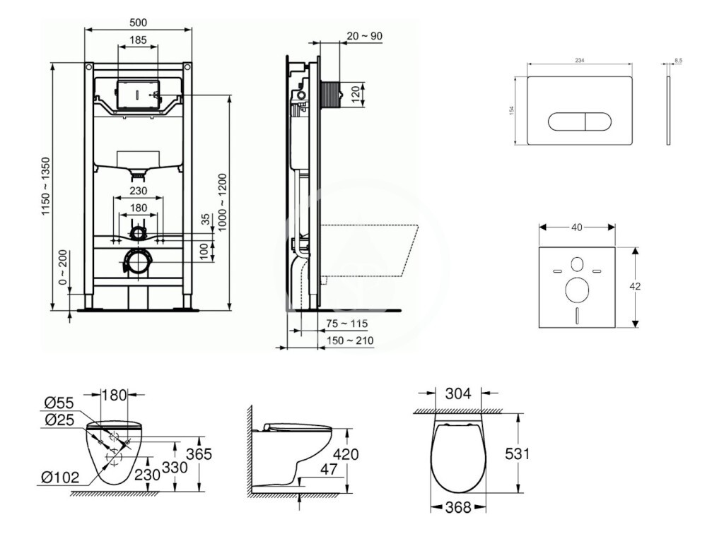 Set predstenovej inštalácie, klozetu a sedadla Bau Ceramic, tlačidla Oleas M1, Rimless, SoftClose, biela